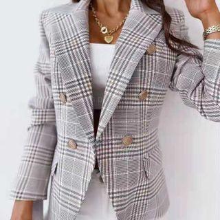 Long-sleeve Plaid Single-breasted Blazer