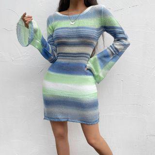 Bell-sleeve Striped Knit Mini Bodycon Dress