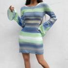 Bell-sleeve Striped Knit Mini Bodycon Dress