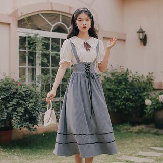 Short-sleeve Lace Trim Blouse / Pinstriped Lace Up Midi Overall Dress / Set