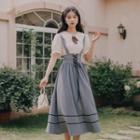 Short-sleeve Lace Trim Blouse / Pinstriped Lace Up Midi Overall Dress / Set