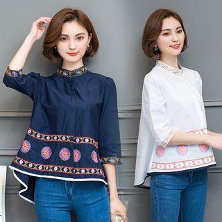 Embroidered 3/4 Sleeve Dip Back Band Collar Shirt
