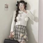 Pom Pom Sweater / Plaid Mini A-line Skirt