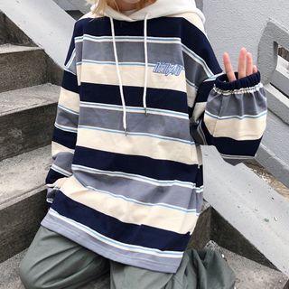 Letter Embroidered Striped Hoodie / Plain Baggy Pants