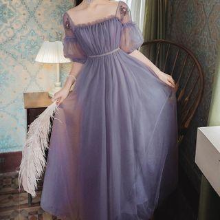 Short-sleeve Floral Embroidered Mesh A-line Maxi Dress