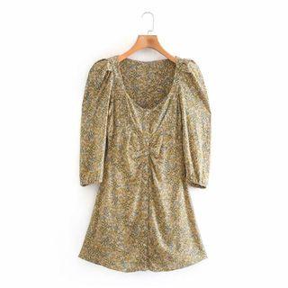Elbow-sleeve Floral Mini Smock Dress