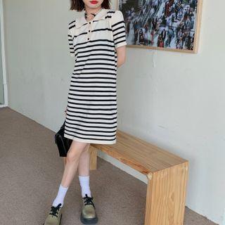 Polo-neck Striped A-line Dress Almond - One Size