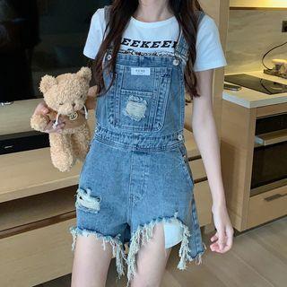 Sleeveless Distressed Denim Jumper Shorts