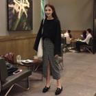 Long-sleeve Knit Top / Plaid Midi Skirt