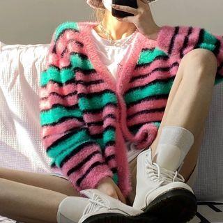 Striped Cardigan Cardigan - Stripe - Green & Pink - One Size