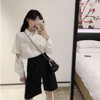 Pocket Detail Cut-out Shirt / Plain High-waist Shorts