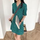 Short-sleeve Chiffon Floral Print Dress Green - One Size