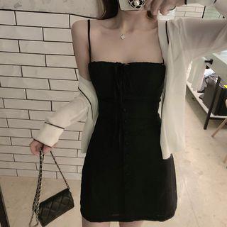 Spaghetti Strap Mini A-line Dress / Contrast Trim Open Front Cardigan