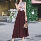 Set: Floral Print Sleeveless Top + A-line Midi Skirt