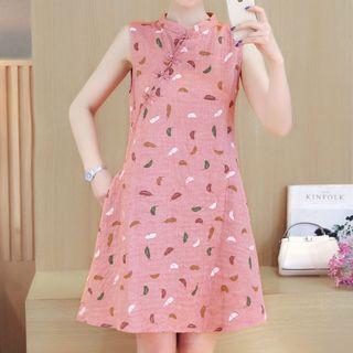 Sleeveless Frog-buttoned Feather Pattern Mini A-line Dress