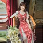Short-sleeve Ruffle Trim Floral Midi Qipao Dress