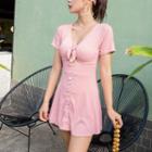 Buttoned Cut-out Short-sleeve Swimdress