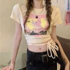 Short-sleeve Cat Print Cropped T-shirt Pink & Yellow & Almond - One Size