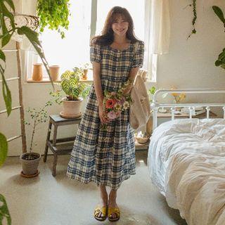 Square-neck Plaid Shirtdress