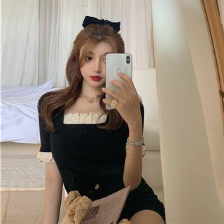 Eyelet Trim Square-neck Short-sleeve Knit Top Black - One Size