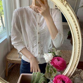3/4-sleeve Embroidered Cardigan Ivory - One Size