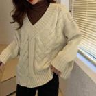 V-neck Rib-knit Sweater Almond - One Size