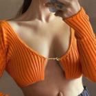 Ribbed Knit Front-slit Cropped Sweater