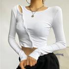 Long-sleeve Plain Asymmetrical Single-breasted Cropped Top