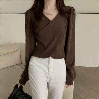 Long-sleeve V-neck Corduroy Blouse