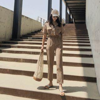 Half-placket Gingham Jumpsuit