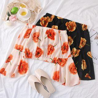 Boatneck Flower / Leaf-print Crop Blouse