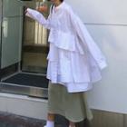 Long-sleeve Frilled Panel Shirt Dress / Midi Skirt