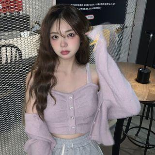Set : Button-up Cropped Tank Top + Long-sleeve Cropped Cardigan