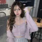 Set : Button-up Cropped Tank Top + Long-sleeve Cropped Cardigan