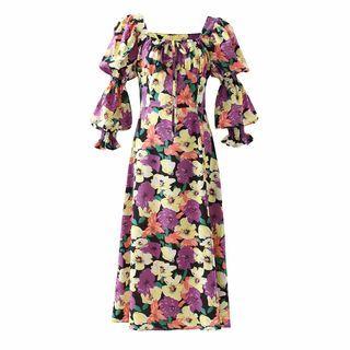 Lantern-sleeve Floral Print Dress