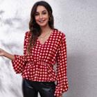 Balloon-sleeve V-neck Plaid Blouse