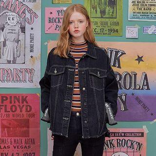 Letter-cuff Fray-hem Stitched Denim Jacket Black - One Size