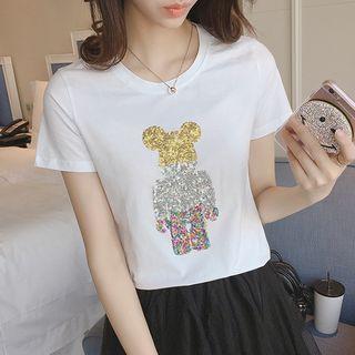 Bear Sequined Short Sleeve T-shirt