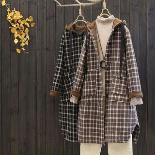 Hooded Plaid Long Button Coat