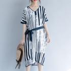 V-neck Striped Short-sleeve Midi Dress