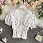 Round-neck Floral Puff Short-sleeve Cropped Shirt