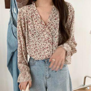 Long-sleeve Floral Print Blouse Floral - One Size