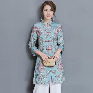Set: Patterned Stand-collar Top + Wide Leg Pants