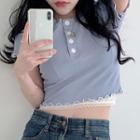 Frill-trim Short-sleeve Cropped Top Milky Blue - One Size