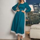 Long-sleeve Lace Trim Midi A-line Dress Blue - One Size