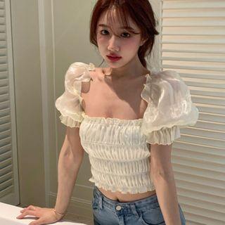 Puff-sleeve Organza Shirred Cropped Blouse