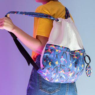 Printed Cotton Drawstring Backpack White - One Size