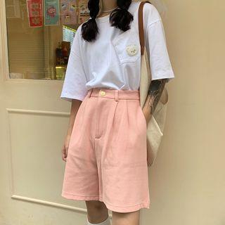 Elbow-sleeve Cat Embroidered T-shirt / Plain Shorts