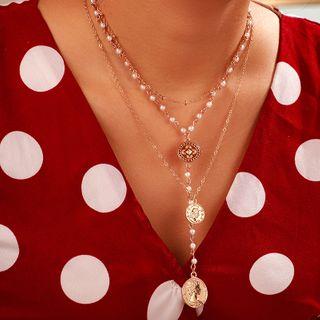 Coin Pendant Layered Necklace 8697 - One Size