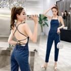 Spaghetti Strap Lace-up Back Denim Jumper Pants
